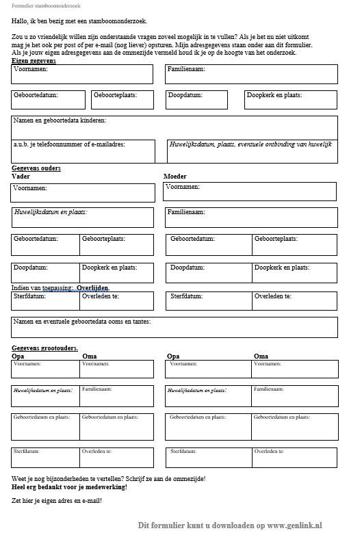 formulier voor genealogie stamboomonderzoek